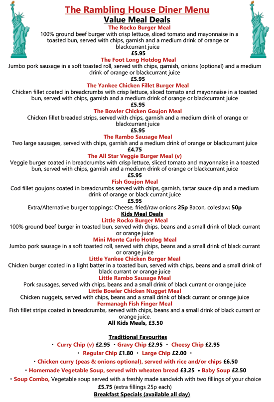 The Rambling House Diner Menu, Johnny Rocko's, Irvinestown